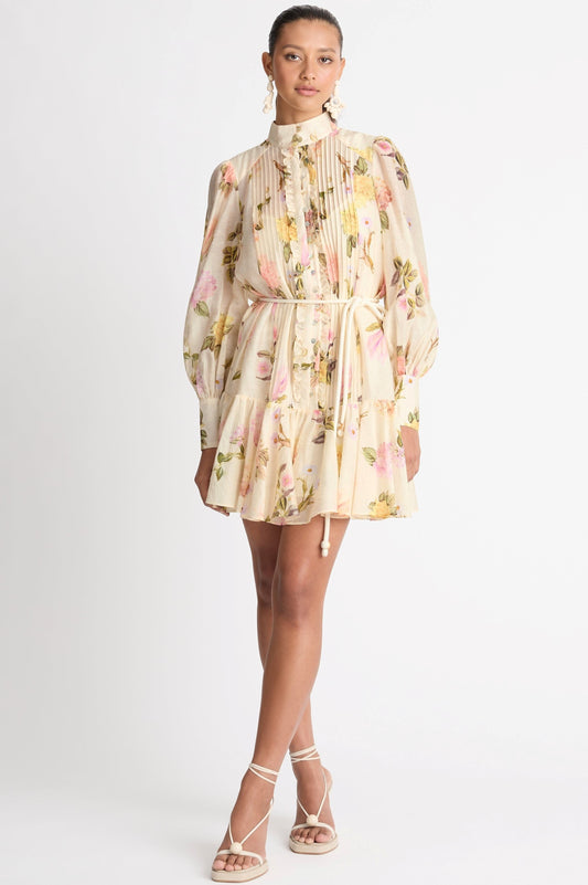 Puff Long Sleeve Buttoned Lace Up Ruffle Hem Mini Dress