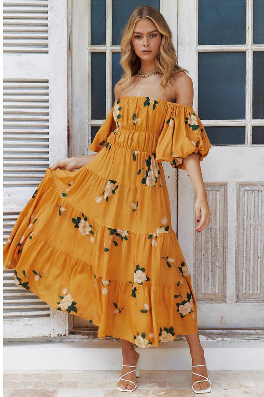 Puff Sleeve Off-shoulder Maxi Dress Orange