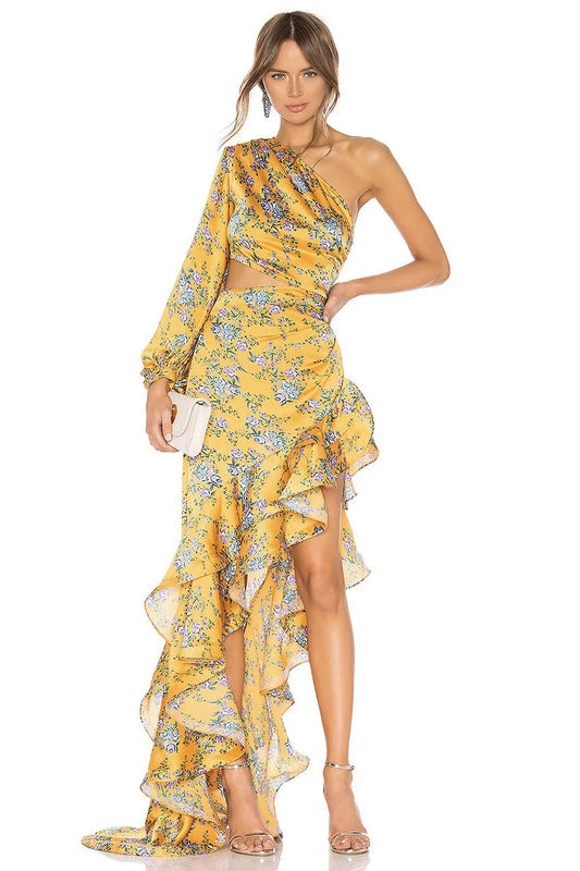 Slanted Shoulder Long Sleeve Ruffle Irregular Maxi Dress