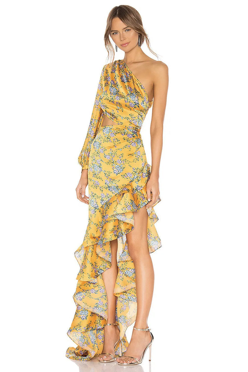 Slanted Shoulder Long Sleeve Ruffle Irregular Maxi Dress