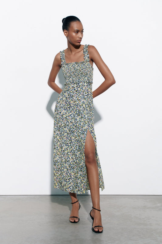 Cami Smocked Elastic Slit Midi Dress