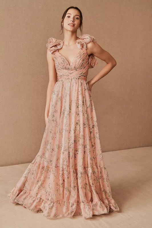 V-neck Cut-out Backless Ruffle Hem Maxi Dress Pink