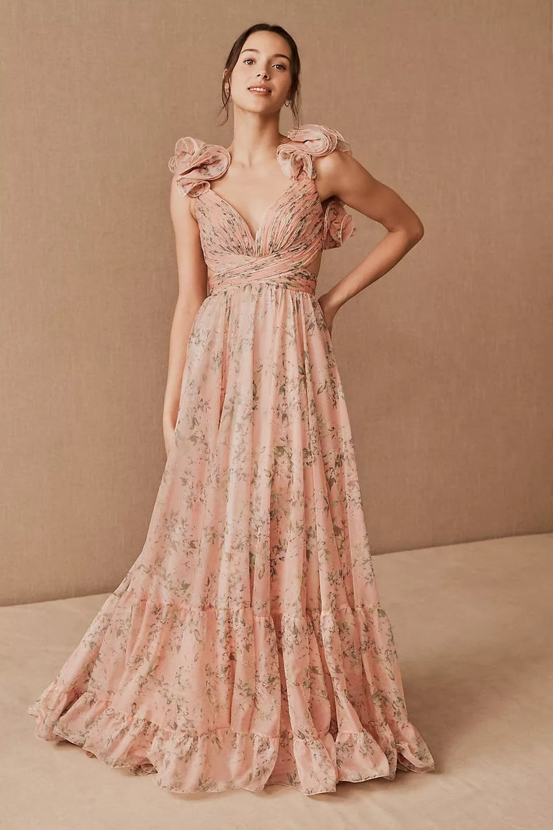 V-neck Cut-out Backless Ruffle Hem Maxi Dress Pink