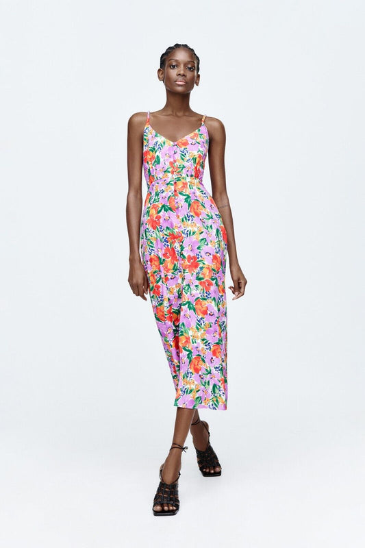 Buttoned Trim Cami Slit Midi Dress