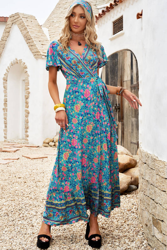 Flared Sleeve Wrapover Lace Up Maxi Dress