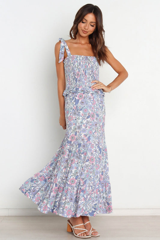 Smocked Elastic Lace Up Shoulder Cami Midi Dress