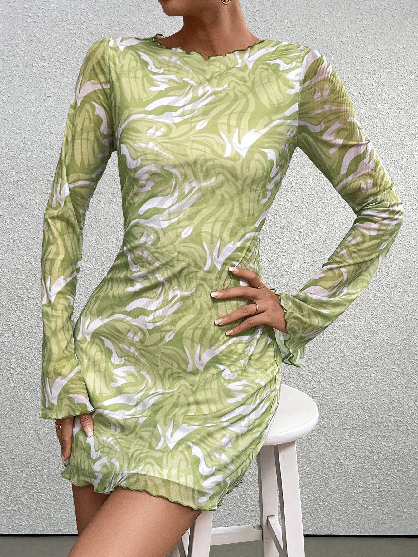 Flounce Sleeve Print Mesh Mini Dress