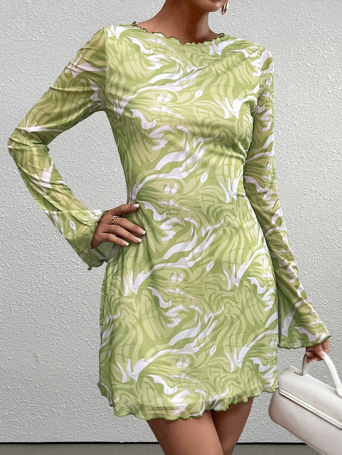 Flounce Sleeve Print Mesh Mini Dress