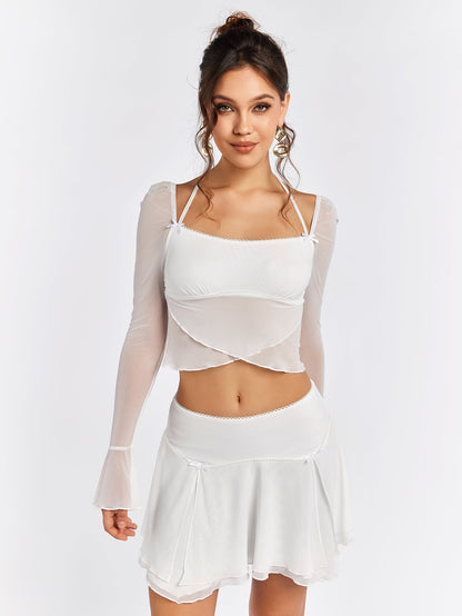 Flounce Sleeve Halter Mesh Crop Top&flared Hem Skirt