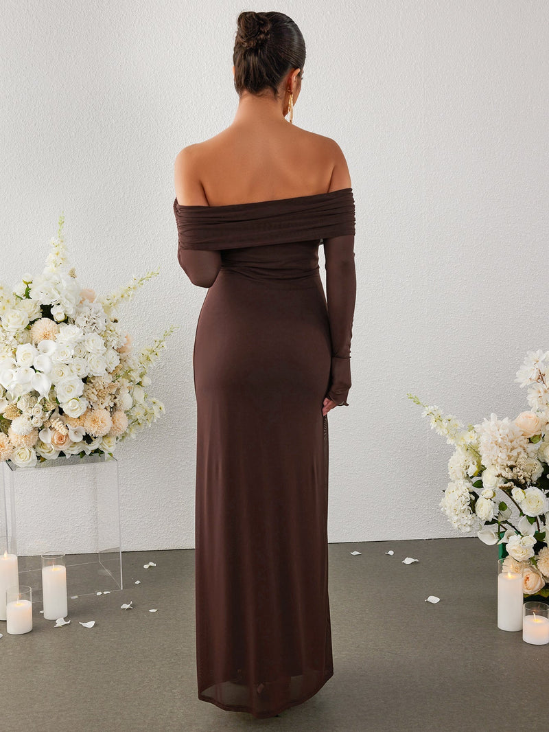 Flounce Sleeve Off Shoulder Mesh Bodycon Dress