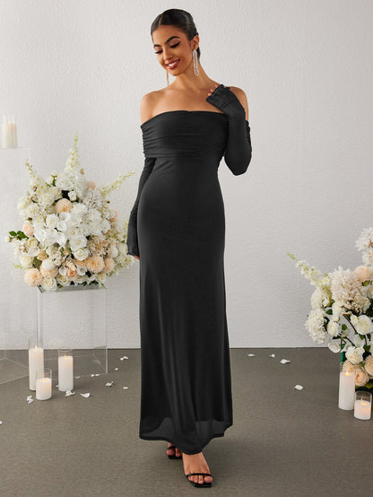 Flounce Sleeve Off Shoulder Mesh Bodycon Dress