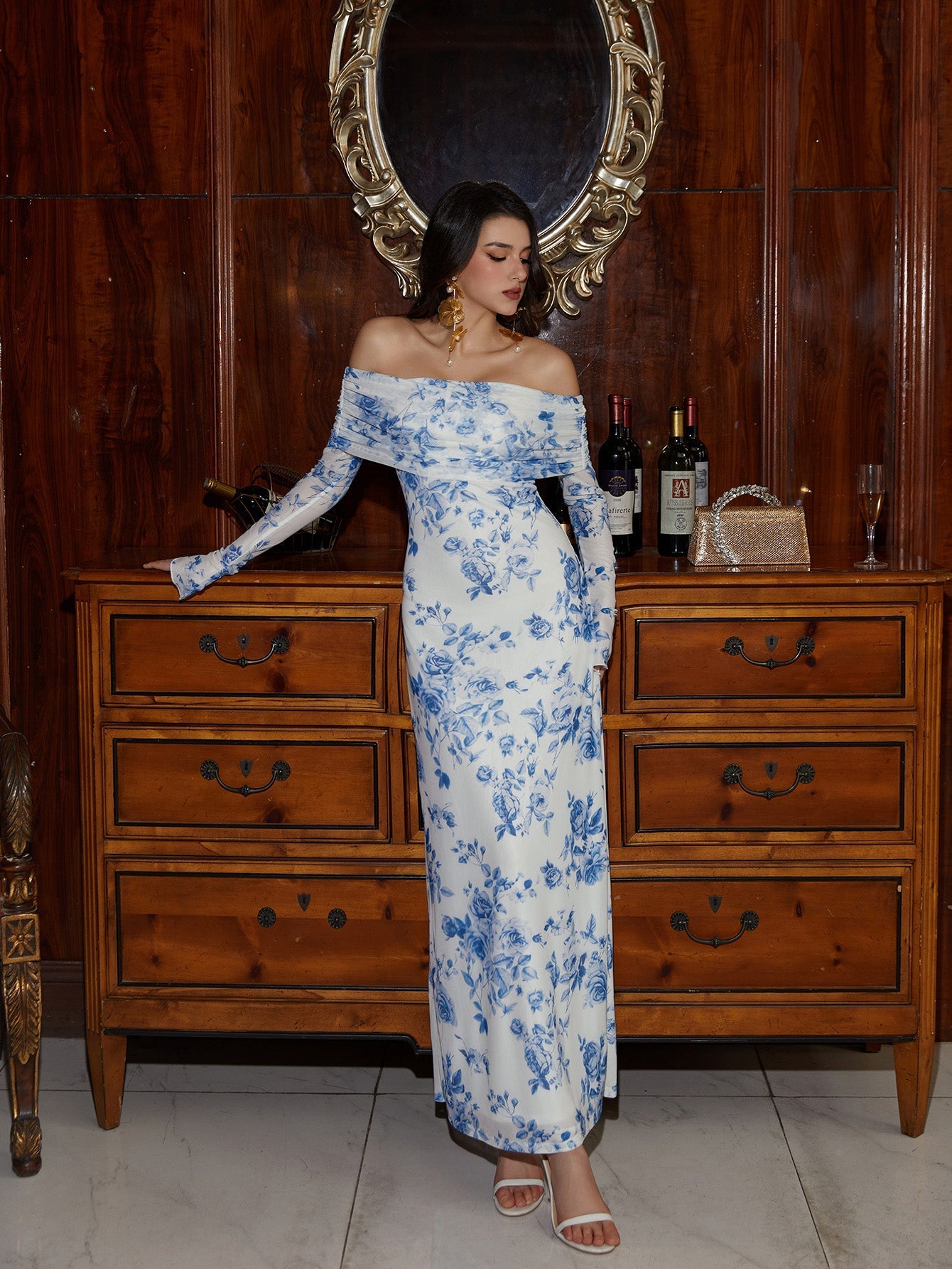 Flounce Sleeve Off Shoulder Mesh Bodycon Dress