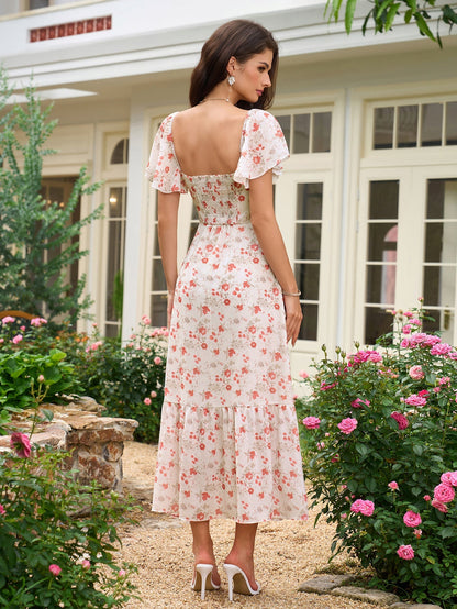 Flounce Sleeve Ruched Backless Print Dress