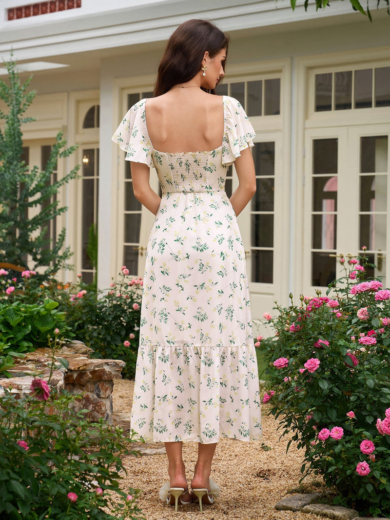 Flounce Sleeve Ruched Backless Print Dress