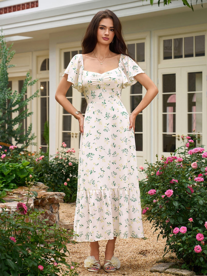 Flounce Sleeve Ruched Backless Print Dress