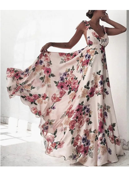 Flower Print Bowknot Leace-up Sleeveless Long Dresses V-neck Backless Evening Party Maxi Dress Spring Summer New