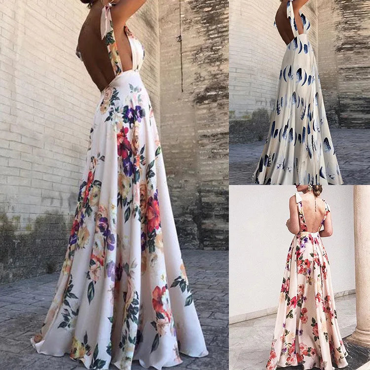 Flower Print Bowknot Leace-up Sleeveless Long Dresses V-neck Backless Evening Party Maxi Dress Spring Summer New