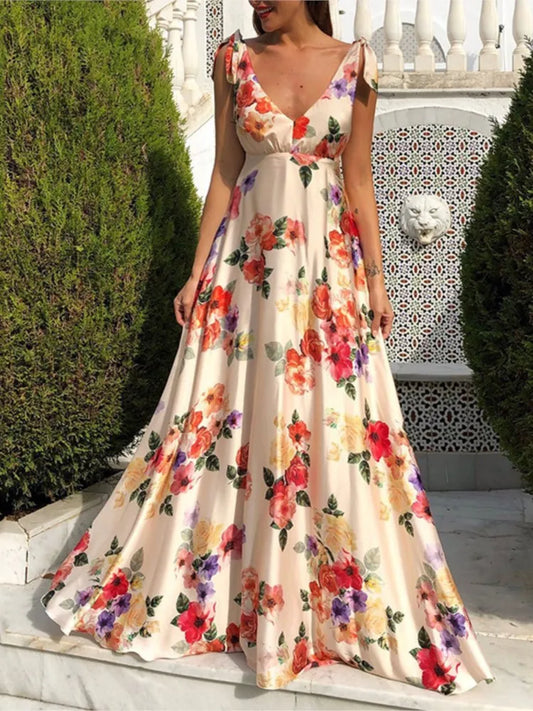 Flower Print Bowknot Leace-up Sleeveless Long Dresses V-neck Backless Evening Party Maxi Dress Spring Summer New