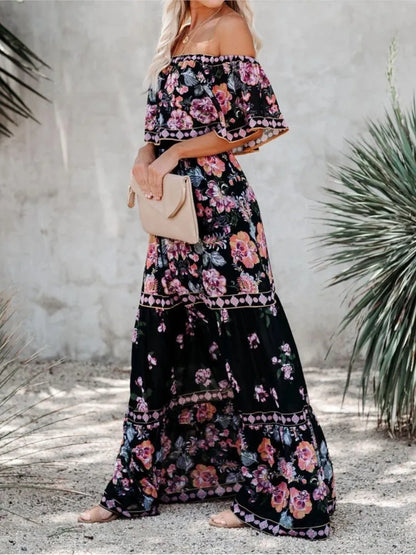 Flower Print Off Shoulder Long Dresses for Spring Summer New Temperament High Waist Leace-up Dress Female Vestidos