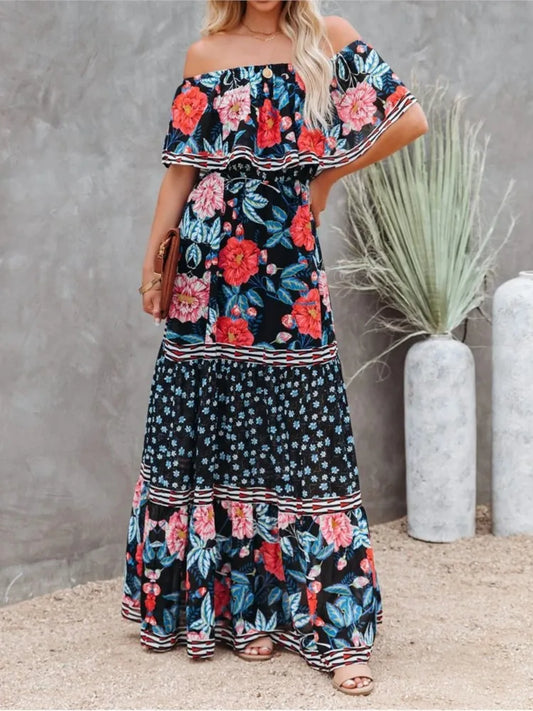 Flower Print Off Shoulder Long Dresses for Spring Summer New Temperament High Waist Leace-up Dress Female Vestidos