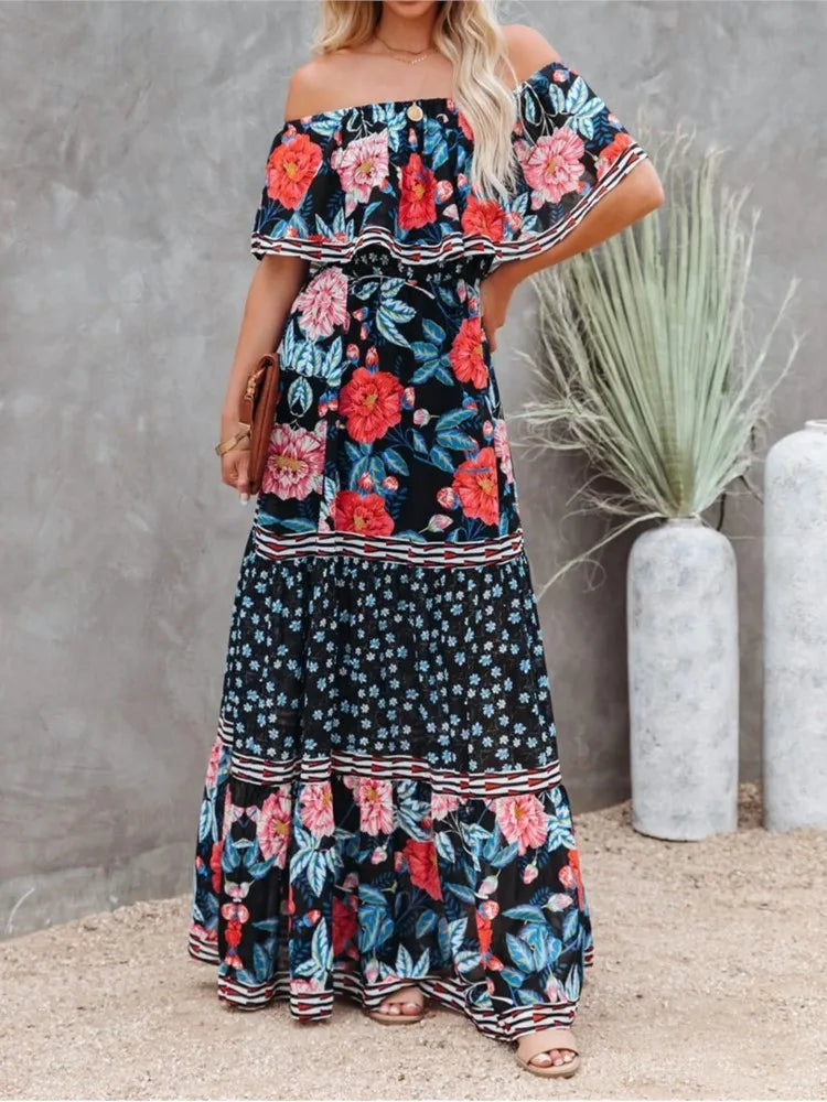 Flower Print Off Shoulder Long Dresses for Spring Summer New Temperament High Waist Leace-up Dress Female Vestidos