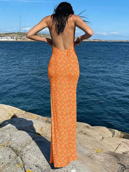 Flower Print Sleeveless Backless Maxi Spring Concise Midi Dresses
