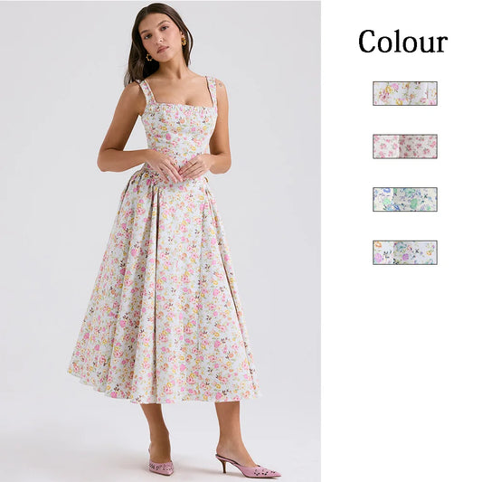 Flower Print Spaghetti Strap Dresses Backless Low Cut Folds Vacation Style Slim Midi Dress Female Vestidos