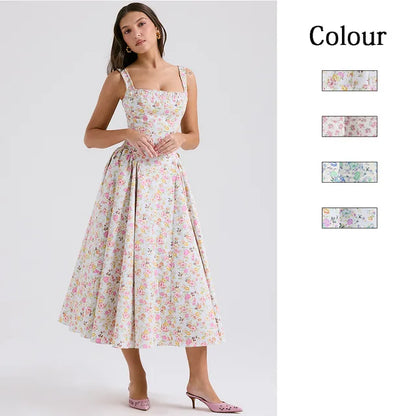 Flower Print Spaghetti Strap Dresses Backless Low Cut Folds Vacation Style Slim Midi Dress Female Vestidos