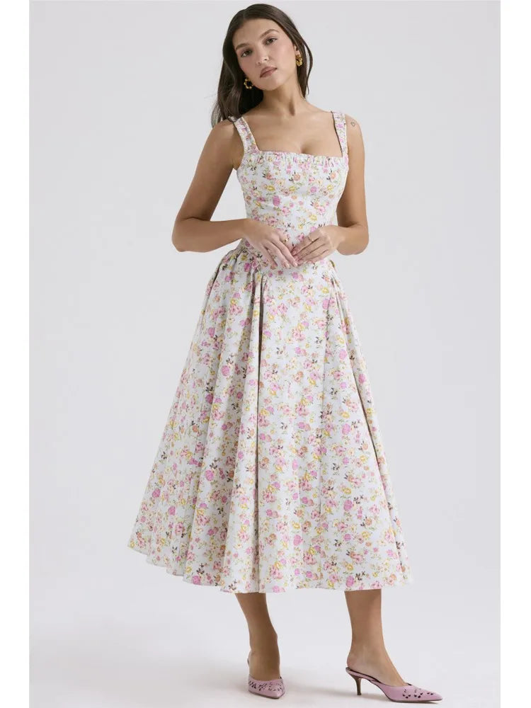 Flower Print Spaghetti Strap Dresses Backless Low Cut Folds Vacation Style Slim Midi Dress Female Vestidos