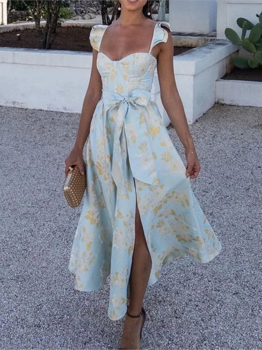 Flowers Print Sleeveless Long Dresses Low Cut Backless Bowknot Leace-up Slit Dress Temperament Lady Vestidos New