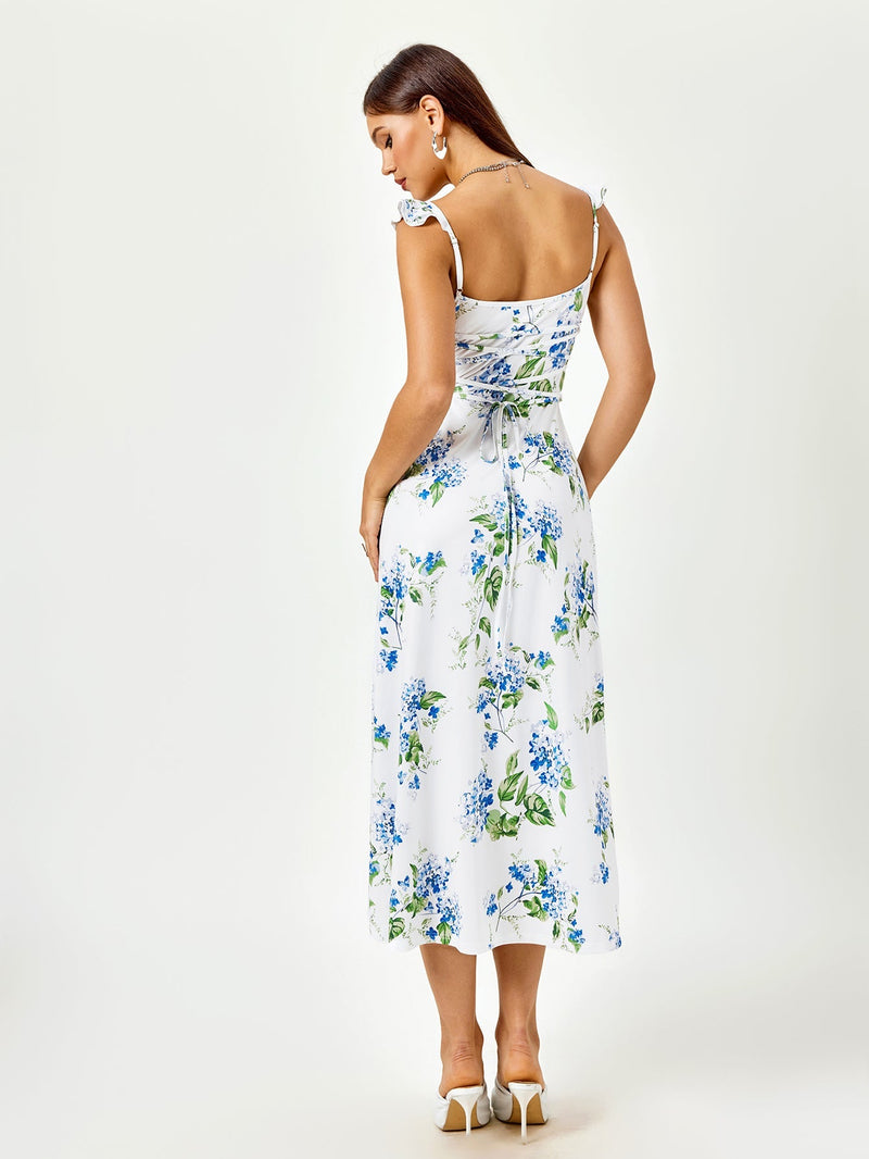Fly Sleeve V-neck Crisscross Tie Back Print Dress