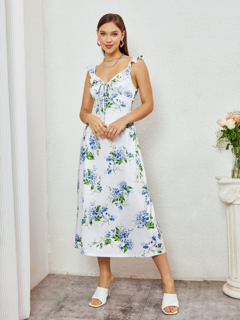 Fly Sleeve V-neck Crisscross Tie Back Print Dress