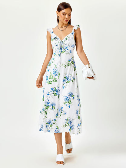 Fly Sleeve V-neck Crisscross Tie Back Print Dress