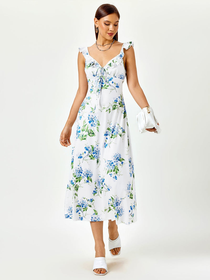 Fly Sleeve V-neck Crisscross Tie Back Print Dress