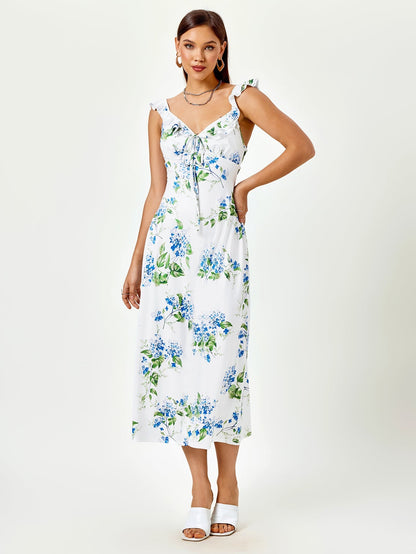 Fly Sleeve V-neck Crisscross Tie Back Print Dress