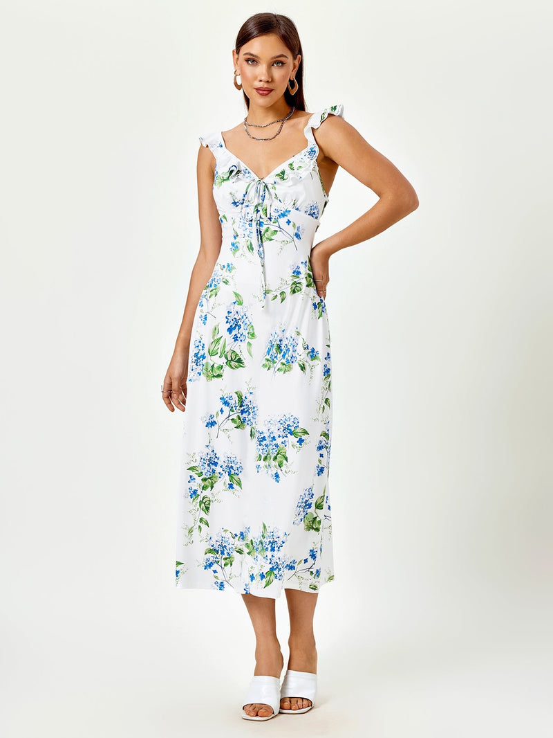 Fly Sleeve V-neck Crisscross Tie Back Print Dress