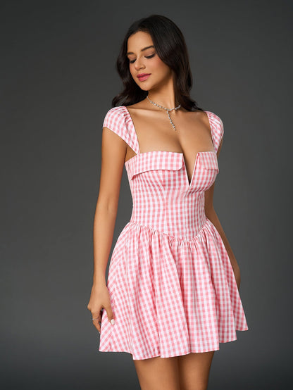 Fly Sleeve V-neck Plaid Print Mini Dress