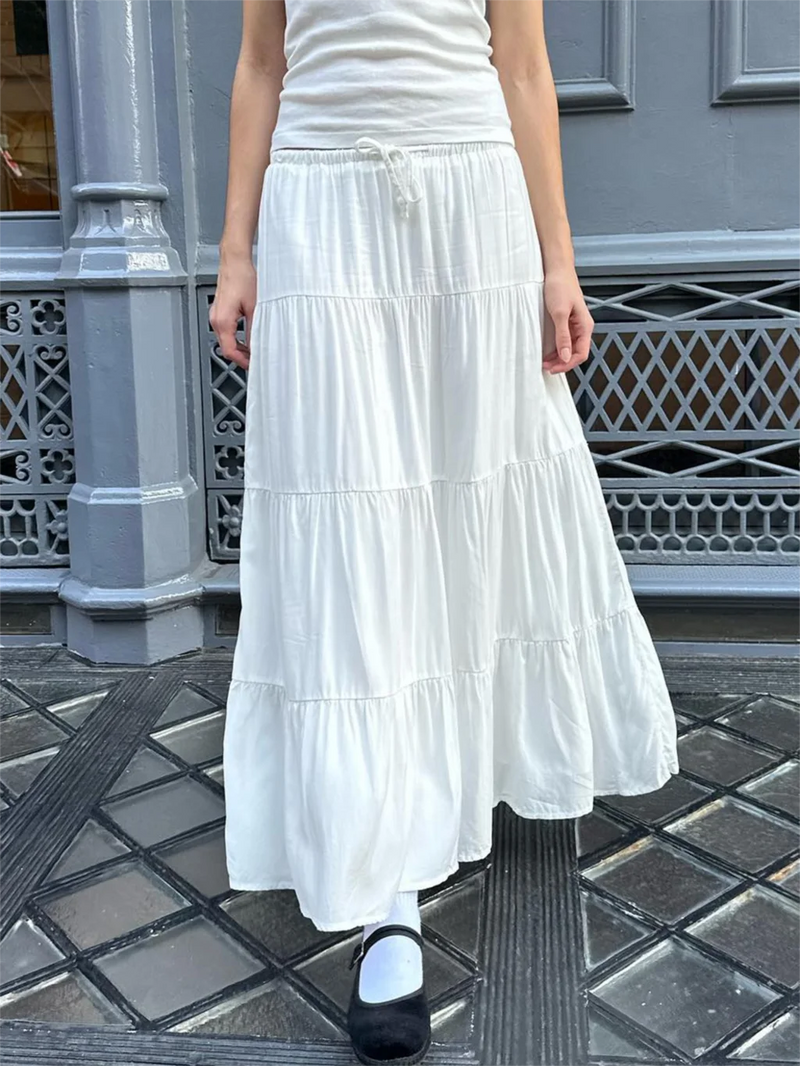 Folds Lace-up White Maxi Skirts Woman Summer High Waist A-line Loose Faldas Sweet Simple Preppy Style Long Skirt