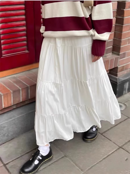 Folds Lace-up White Maxi Skirts Woman Summer High Waist A-line Loose Faldas Sweet Simple Preppy Style Long Skirt