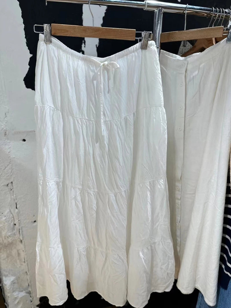 Folds Lace-up White Maxi Skirts Woman Summer High Waist A-line Loose Faldas Sweet Simple Preppy Style Long Skirt