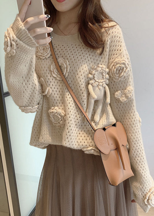 French Apricot O Neck Hollow Out Knit Sweaters Fall We008