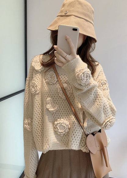 French Apricot O Neck Hollow Out Knit Sweaters Fall We008