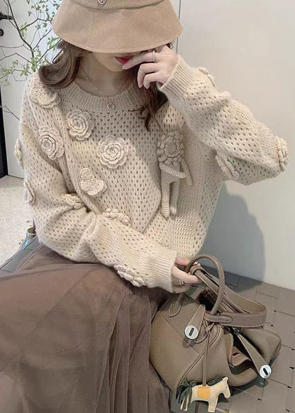 French Apricot O Neck Hollow Out Knit Sweaters Fall We008