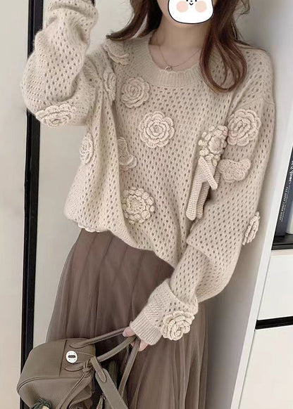 French Apricot O Neck Hollow Out Knit Sweaters Fall We008