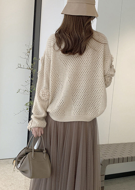 French Apricot O Neck Hollow Out Knit Sweaters Fall We008