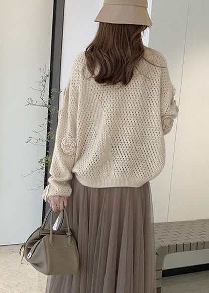 French Apricot O Neck Hollow Out Knit Sweaters Fall We008