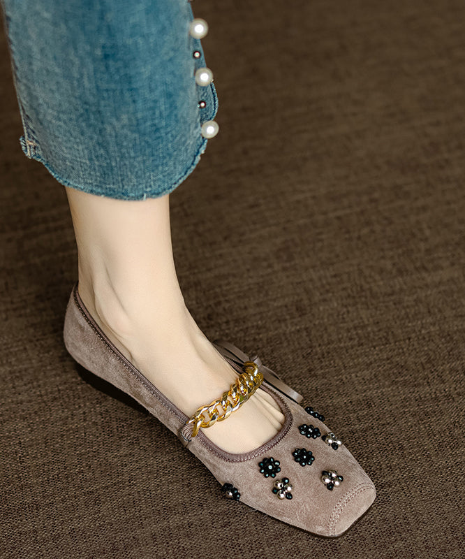 French Apricot Square Toe Bow Nail Bead Flats Shoes Ri025