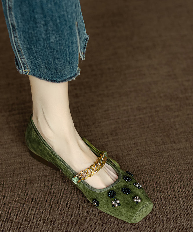 French Apricot Square Toe Bow Nail Bead Flats Shoes Ri025