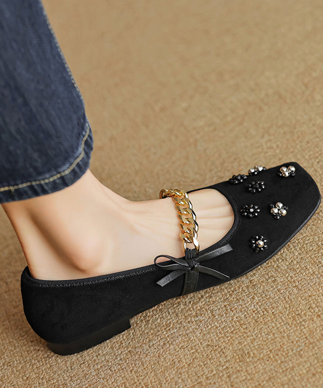 French Apricot Square Toe Bow Nail Bead Flats Shoes Ri025