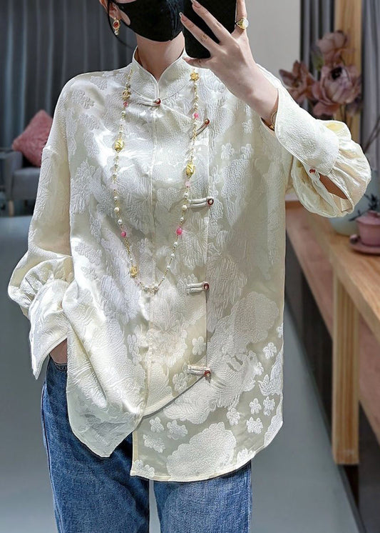 French Apricot Stand Collar Print Silk Blouses Spring Qa1053